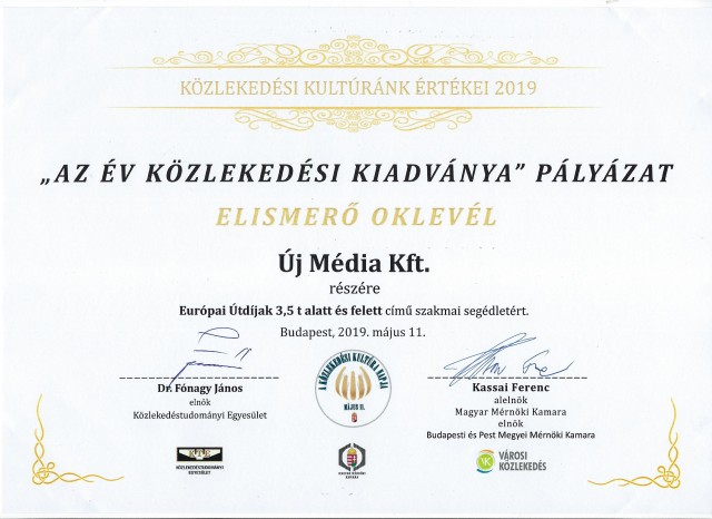 Az Év Közlekedlsi Kiadványa Pályázat elismerő oklevele 2019.